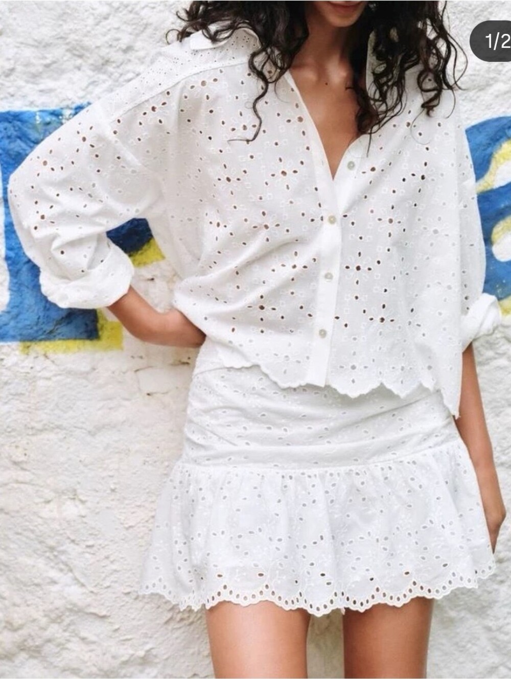2 Piece Co-order Set Sz XS New Zara White Eyelet Shirt And Tier Skirt / Skort